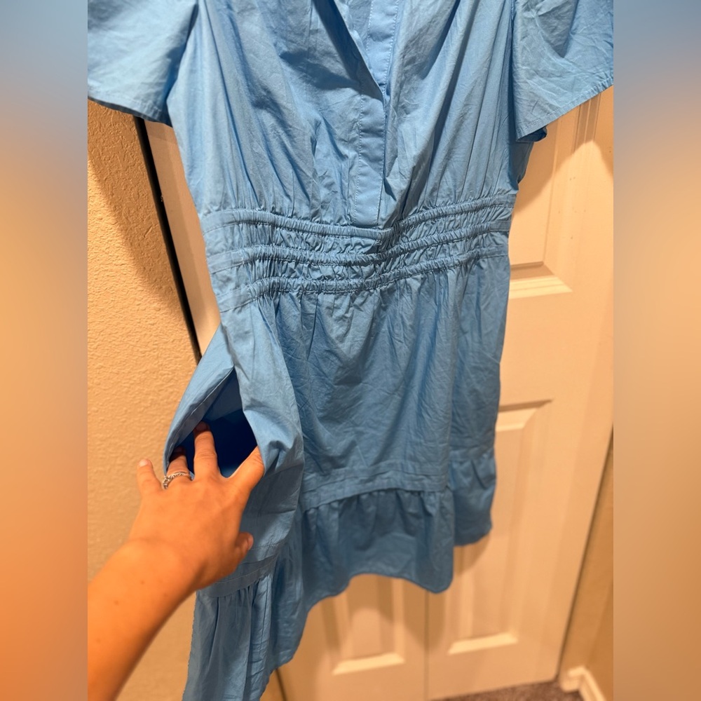 Quince Sky Blue Short Sleeve Smocked Waist Tiered Mini Dress - Picture 4 of 13